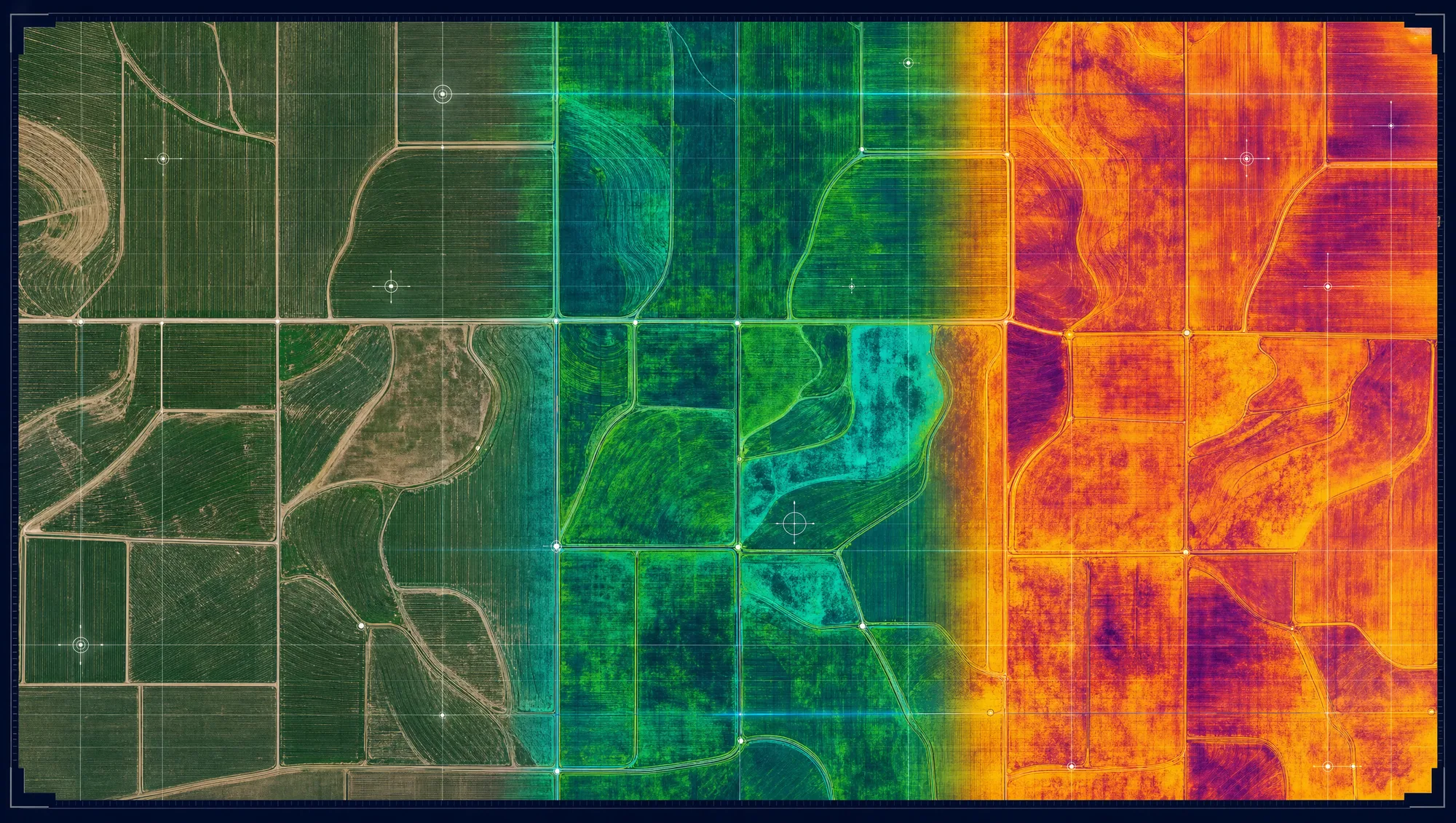 Illustrative field data transitioning from natural color to multispectral and thermal views